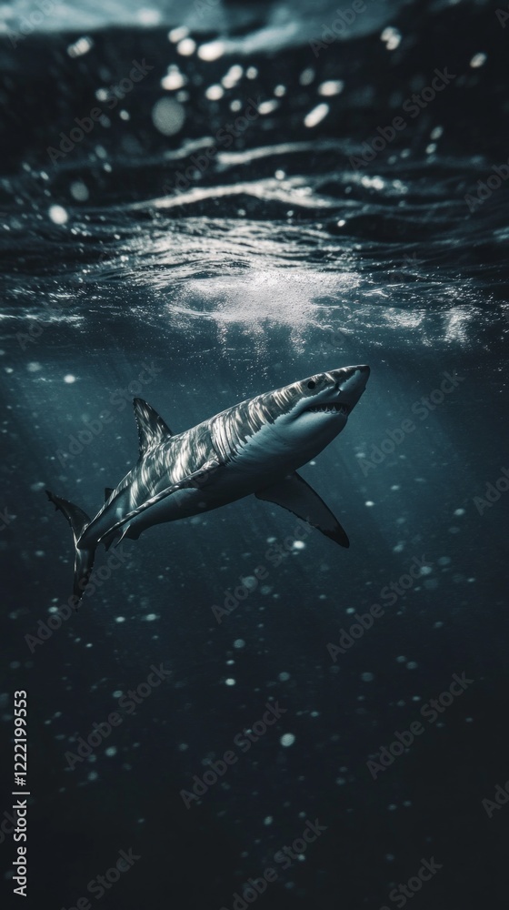 Poster A great white shark navigates the depths of the ocean with elegance, sunlight filtering through the water, creating enchanting patterns