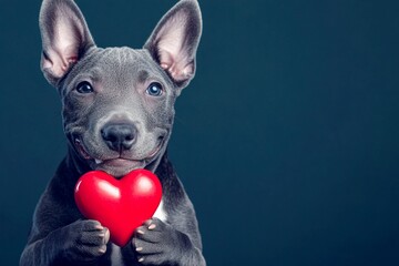 Cute bull terrier pooch with diamond red heart - symbol of love, funny greeting card. Promotion concept depiction. Bull terrier - my preferred dog. Valentine's animal couples. Love and pets.