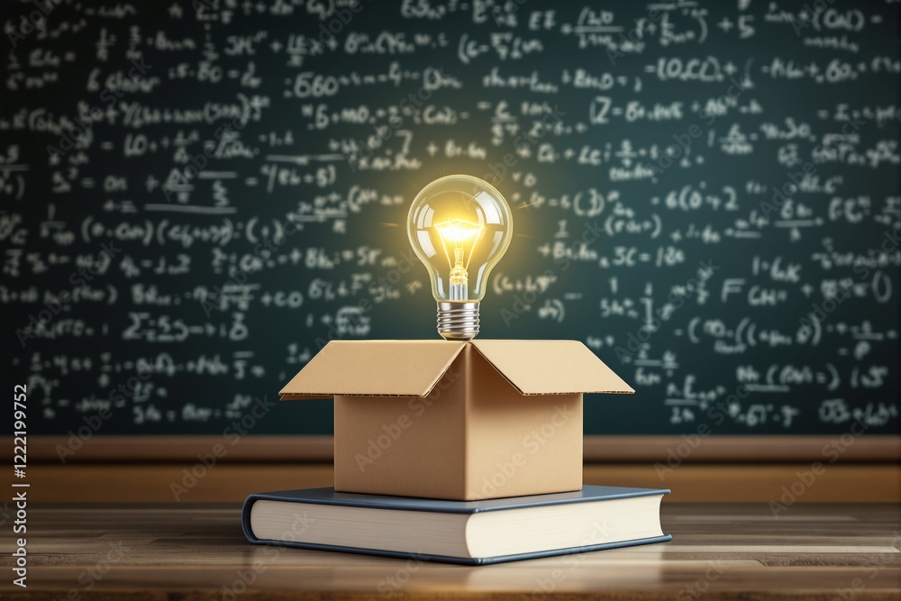 Poster Creative concept of light bulb glowing in an open box on a book with chalkboard equations in the background.