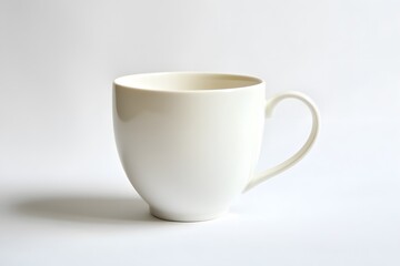 Obraz premium A single, empty, white ceramic mug with a curved handle on a white background.