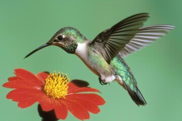 Fototapeta premium Hummingbird in Flight A hummingbird mid-flight, sipping nectar from a vibrant red flower. 