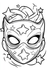 A black and white illustration of a superhero mask with stars.