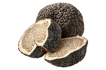 Fototapeta premium Fresh black truffles isolated on white transparent background, great for culinary and gourmet themes.
