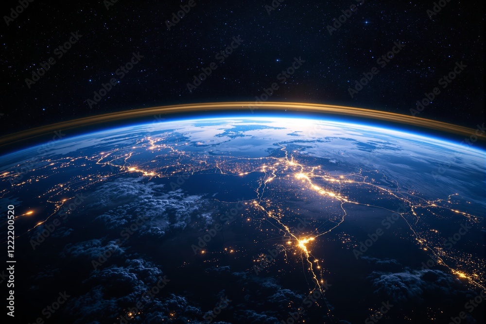 Poster stunning view of earth's surface illuminated by city lights under a starry sky from space.
