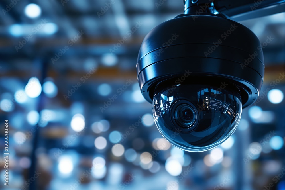 Poster close-up of a modern security camera in a blue bokeh background.