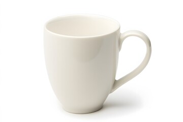 Empty white ceramic mug on white background.