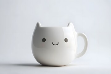 Cute white ceramic cat mug with a smiling face, isolated on white background.