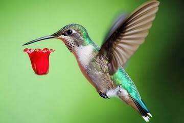 Naklejka premium Hummingbird in Flight A hummingbird mid-flight, sipping nectar from a vibrant red flower. 
