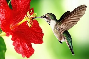 Fototapeta premium Hummingbird in Flight A hummingbird mid-flight, sipping nectar from a vibrant red flower. 