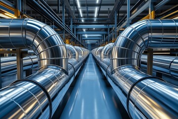 Long parallel metallic pipes stretching into the distance, surrounded by a modern industrial framework