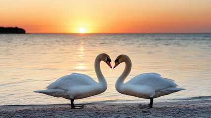 Fototapeta premium pair of swans forming heart shape with their necks at sunset