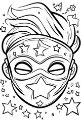 A black and white line art illustration of a superhero's face with a mask with stars on it.
