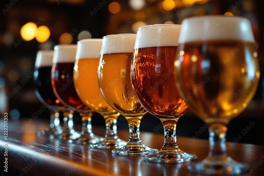 Aufkleber close-up of six glasses of craft beer in various colors on a bar counter in warm lighting.