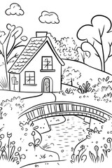 A black and white line drawing of a cottage with a bridge over a stream.