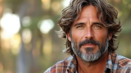 Portrait of a Handsome Mature Man with Long Graying Hair and Beard