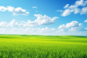 Fototapeta premium Lush green field under a vibrant blue sky with fluffy white clouds, creating a serene and picturesque landscape.