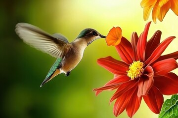 Fototapeta premium Hummingbird in Flight A hummingbird mid-flight, sipping nectar from a vibrant red flower. 