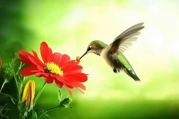 Hummingbird in Flight A hummingbird mid-flight, sipping nectar from a vibrant red flower. 