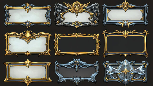 Empty rectangle frames in medieval style for game ui design. Vector cartoon set of user interface elements with golden and silver ornate border, ranking progress panel isolated on background