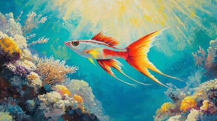 A beautiful firefish, with its long, flowing fins and bright colors, gliding through the water in a reef aquarium.