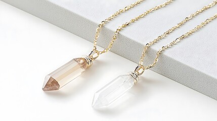 Two necklaces with crystal pendants on a white surface