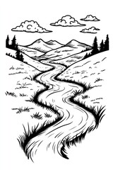 Fototapeta premium A black and white line drawing of a winding river flowing through a valley with mountains in the background.