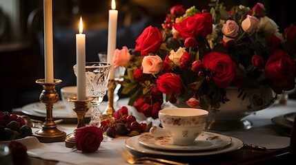 Romantic candlelit dinner table setup with floral centerpiece and elegant tableware  Cozy and intimate atmosphere perfect for a special occasion date night or festive