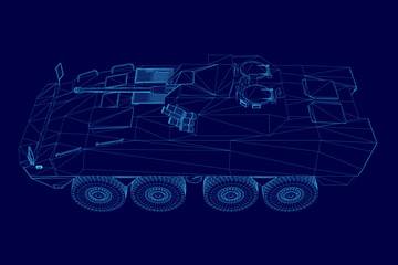Blue drawing of a military vehicle. The vehicle is a tank with a blue color scheme