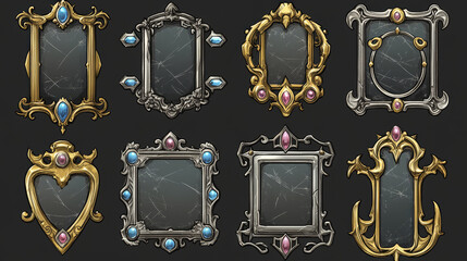 Empty circle silver and gold frames in medieval style for game ui design. Vector cartoon set of user interface elements with metal border with gems isolated on background