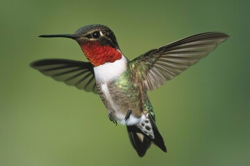 Fototapeta premium Hummingbird in Flight A hummingbird mid-flight, sipping nectar from a vibrant red flower. 