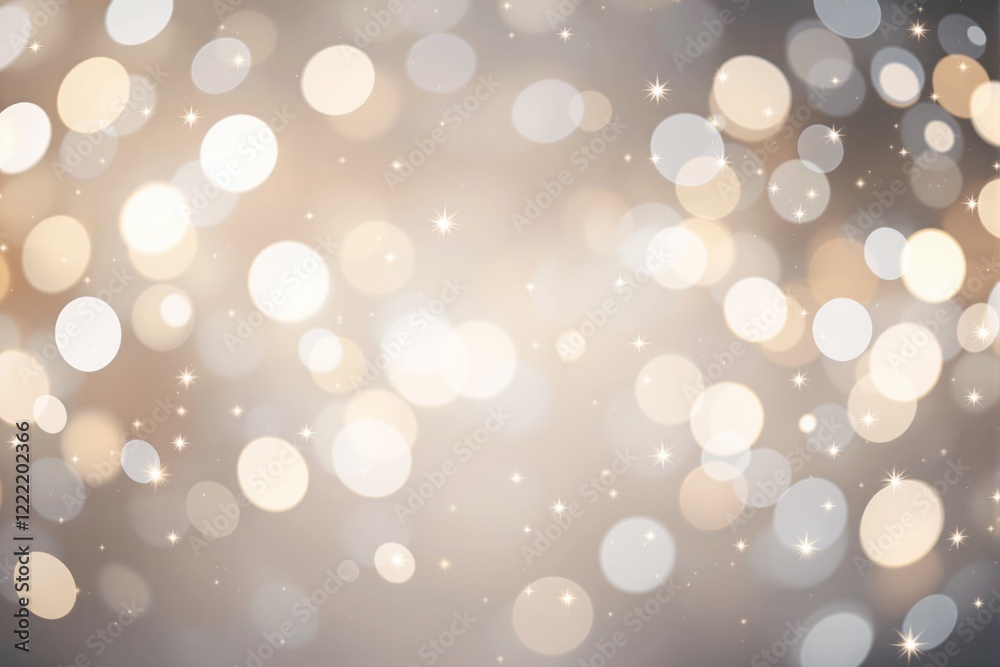 Poster Abstract blurred golden bokeh lights with small sparkles on a soft beige background.
