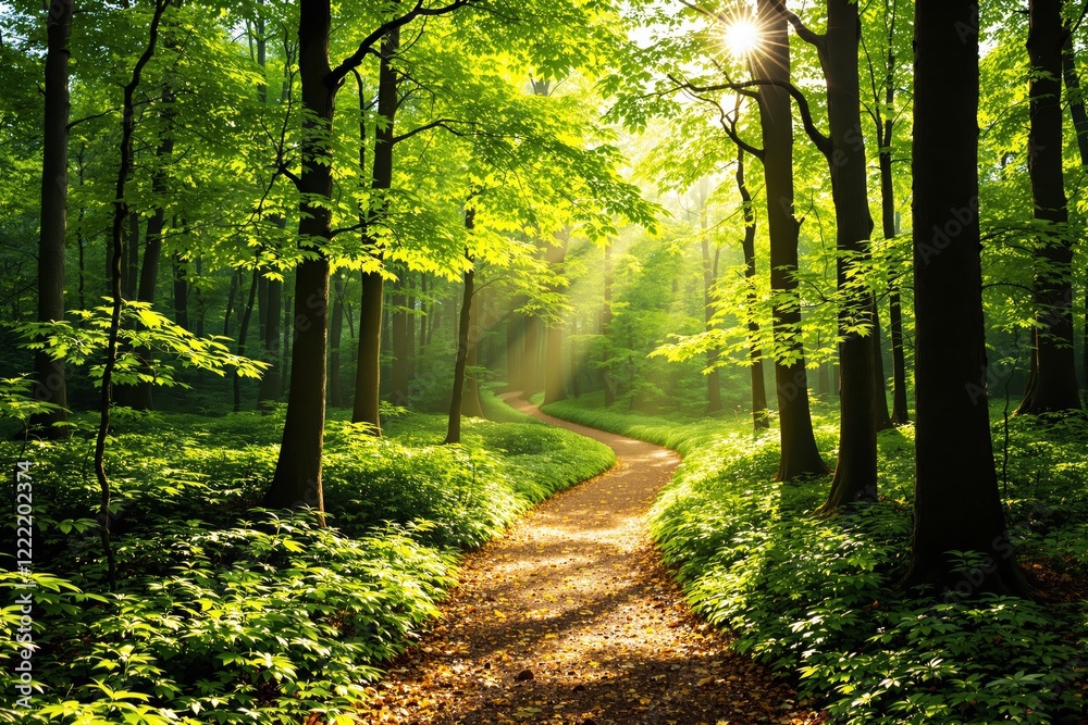 Poster sunlit forest path surrounded by lush green foliage and tall trees.