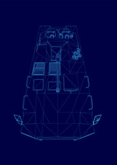 Blue drawing of a military vehicle. The vehicle is a tank with a blue color scheme