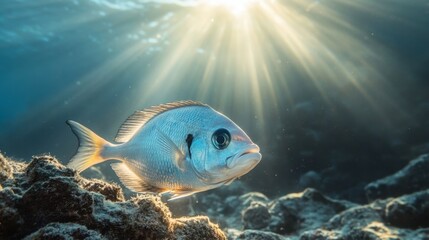A beautiful snapper fish, highlighted by the sunlight filtering through the water, swimming near a rocky seabed.