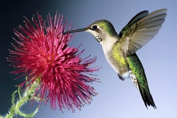 Obraz premium Hummingbird in Flight A hummingbird mid-flight, sipping nectar from a vibrant red flower. 