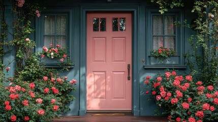 Charming Cottage with Pink Door and Roses