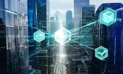 Futuristic cityscape with digital overlays showcasing technology integration in urban life - Powered by Adobe