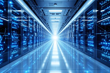 Futuristic server room with glowing blue lights and a bright light at the end of the corridor.