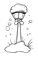 Fototapeta premium A cartoon illustration of a snow-covered lamppost with snow on the ground.