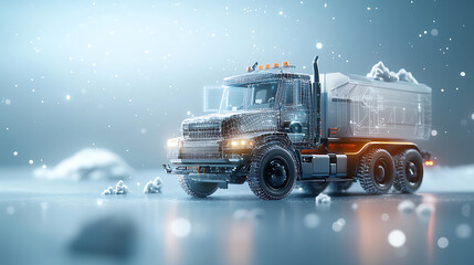 Autonomous electric truck in glowing wireframe design futuristic environment digital art innovative transport concept