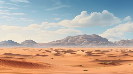 Naklejka premium Sweeping panoramic view of a vast arid desert landscape with sculpted undulating sand dunes stretching out to the distant horizon