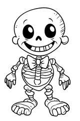 A cartoon skeleton with a bow tie and big eyes, standing with a smile.