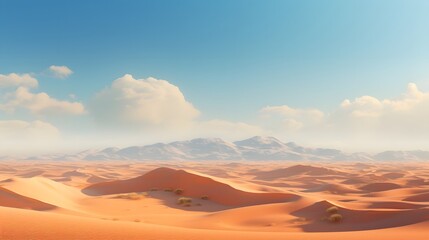 Panoramic view of an expansive desert landscape with undulating sand dunes stretching out to a tranquil minimalist horizon under a clear bright sky