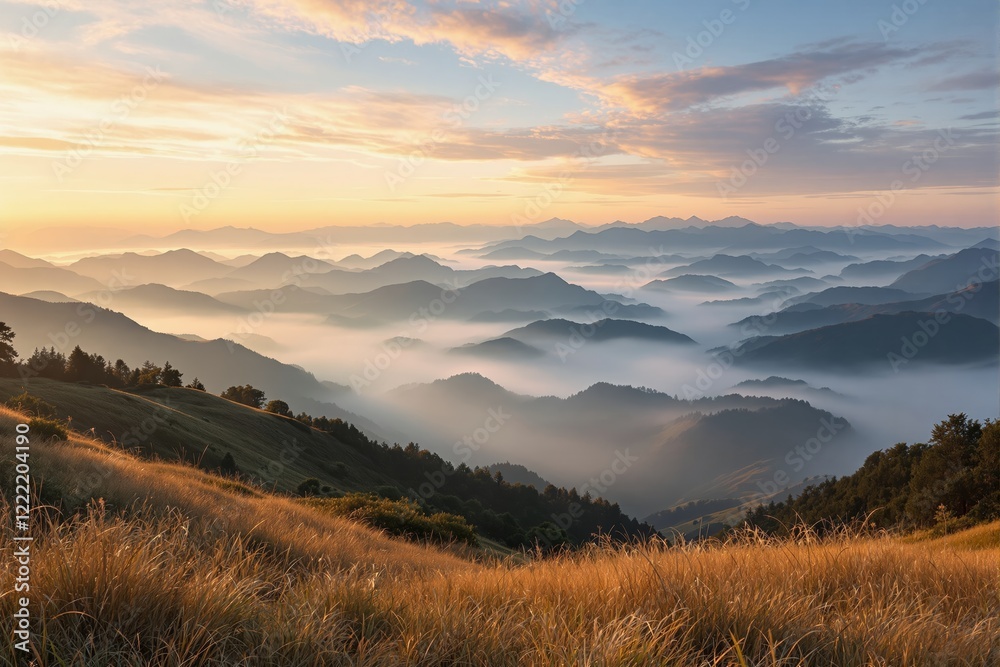 Poster scenic view of golden grass with misty mountain layers at sunrise, under a colorful sky.