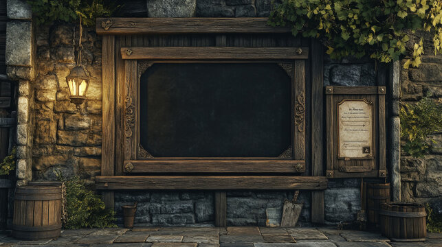Fantasy vintage medieval wood facecam overlay vector border. Isolated video game metal viking frame for wooden banner. Twitch stream plate illustration set. Blank menu board interface template.