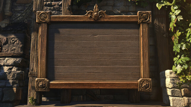 Fantasy vintage medieval wood facecam overlay vector border. Isolated video game metal viking frame for wooden banner. Twitch stream plate illustration set. Blank menu board interface template.