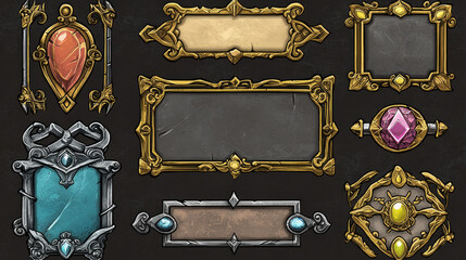 Cartoon set of medieval frames for game ui design. Vector illustration of golden, silver, bronze, steel borders decorated with gems and metal ornament isolated on background. User interface elements