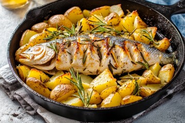A rustic dish featuring baked fish alongside golden potatoes and aromatic rosemary, all perfectly cooked in a cast iron skillet, showcasing a hearty meal setup perfect for sharing