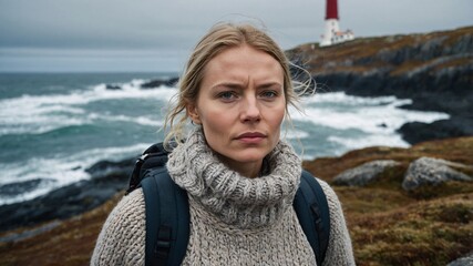 Solo woman traveler stands strong against the coastal winds, capturing the essence of adventure at a lighthouse amidst rugged cliffs and crashing waves