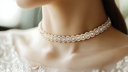 A woman wearing a gold and diamond necklace